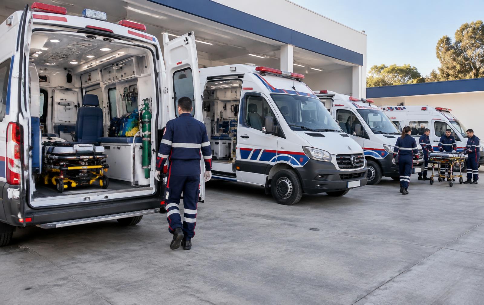 Frota ilustrativa de ambulâncias em base operacional
