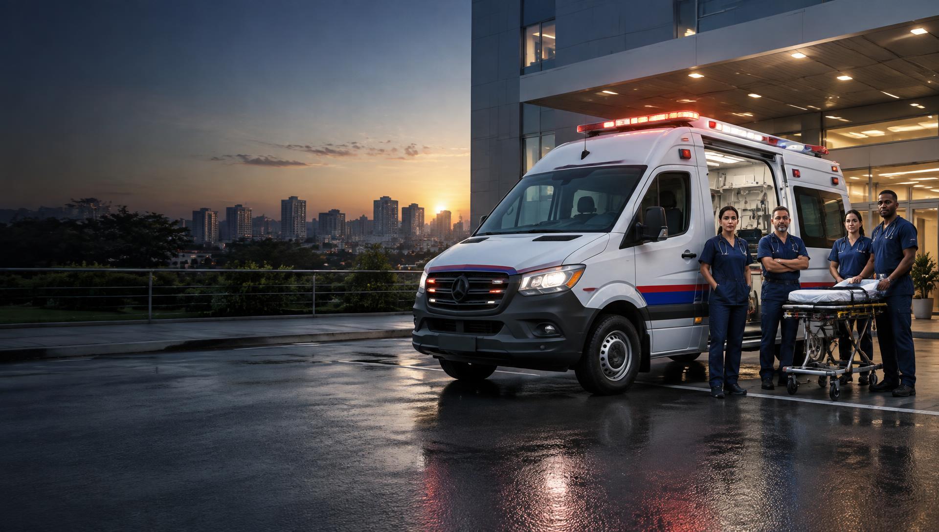 Ambulância moderna e equipe de atendimento médico